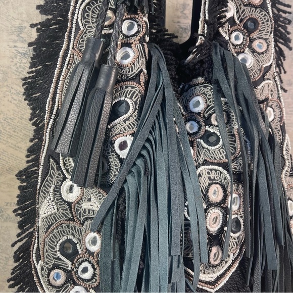 Anthropologie IbBAN LTR Emb. Beaded Fringe Black Linen Bohemian Bag - Picture 2 of 14